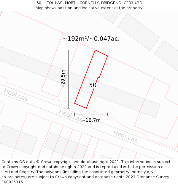 50, HEOL LAS, NORTH CORNELLY, BRIDGEND, CF33 4BD: Plot and title map