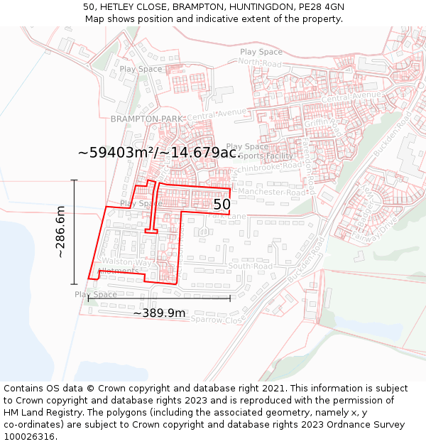 50, HETLEY CLOSE, BRAMPTON, HUNTINGDON, PE28 4GN: Plot and title map