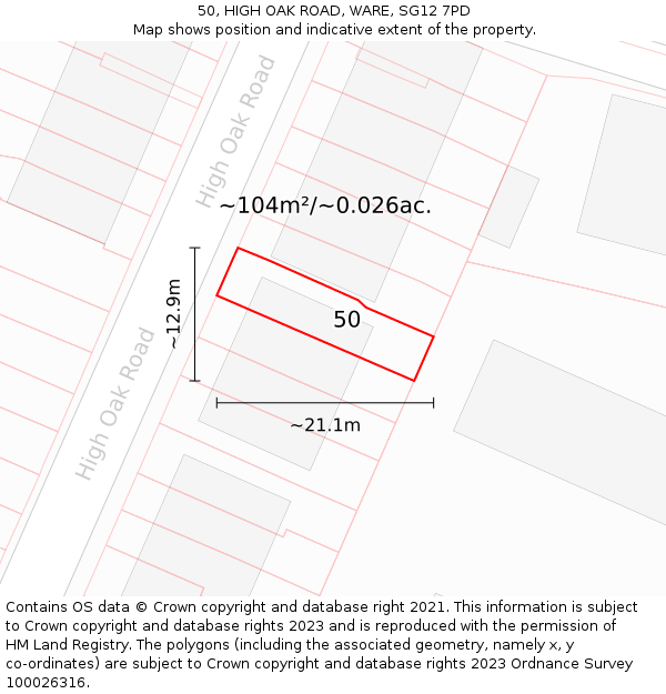 50, HIGH OAK ROAD, WARE, SG12 7PD: Plot and title map