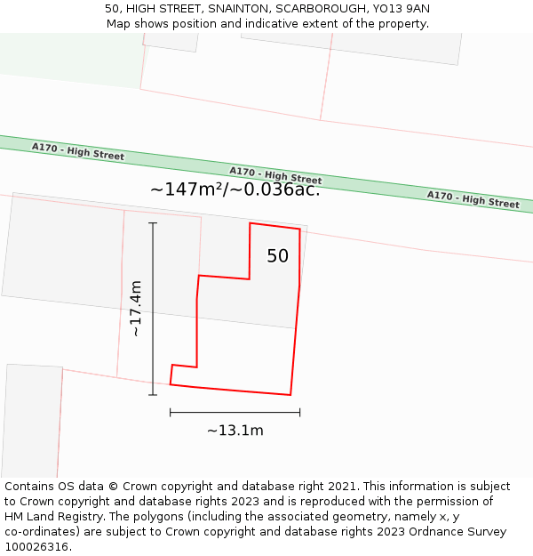 50, HIGH STREET, SNAINTON, SCARBOROUGH, YO13 9AN: Plot and title map