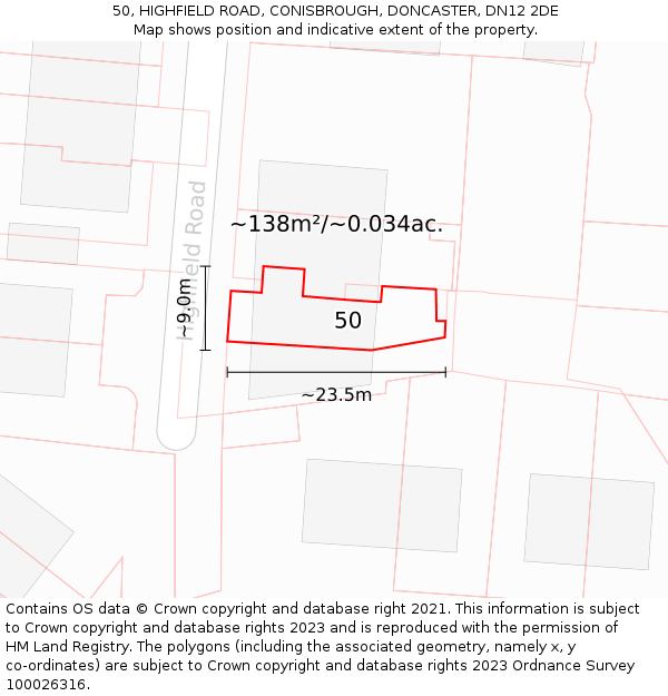 50, HIGHFIELD ROAD, CONISBROUGH, DONCASTER, DN12 2DE: Plot and title map