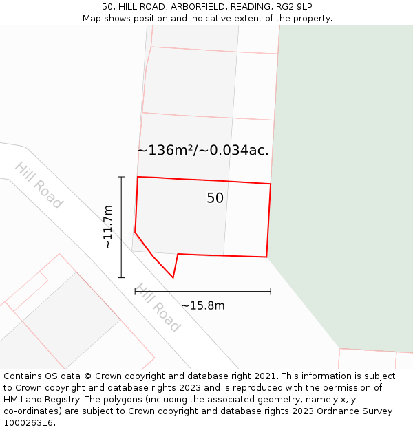 50, HILL ROAD, ARBORFIELD, READING, RG2 9LP: Plot and title map