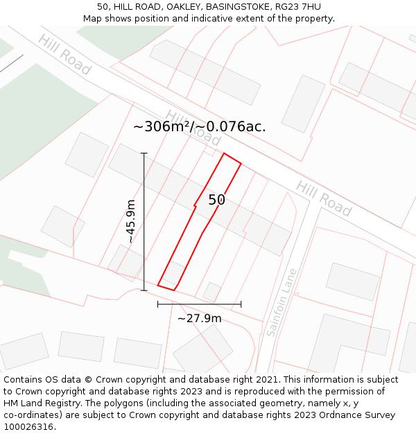 50, HILL ROAD, OAKLEY, BASINGSTOKE, RG23 7HU: Plot and title map