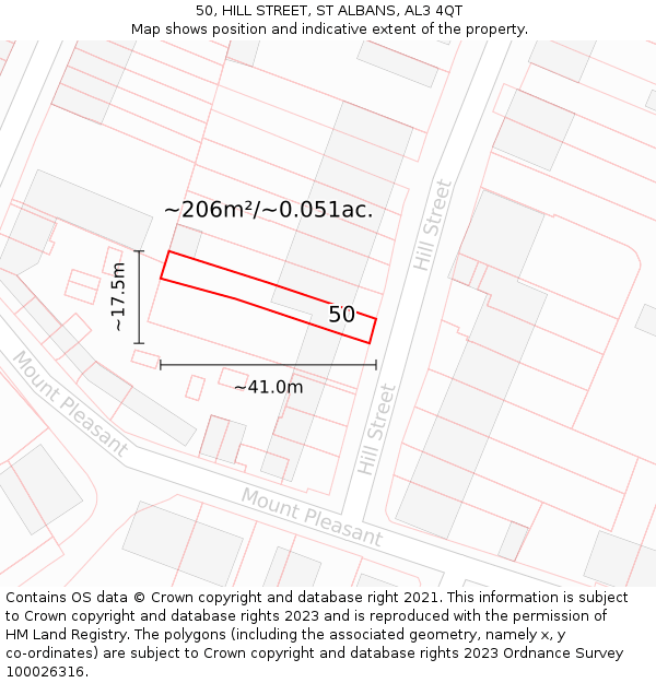50, HILL STREET, ST ALBANS, AL3 4QT: Plot and title map