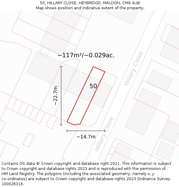 50, HILLARY CLOSE, HEYBRIDGE, MALDON, CM9 4UB: Plot and title map