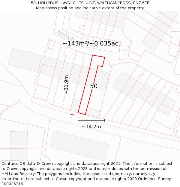 50, HOLLYBUSH WAY, CHESHUNT, WALTHAM CROSS, EN7 6ER: Plot and title map