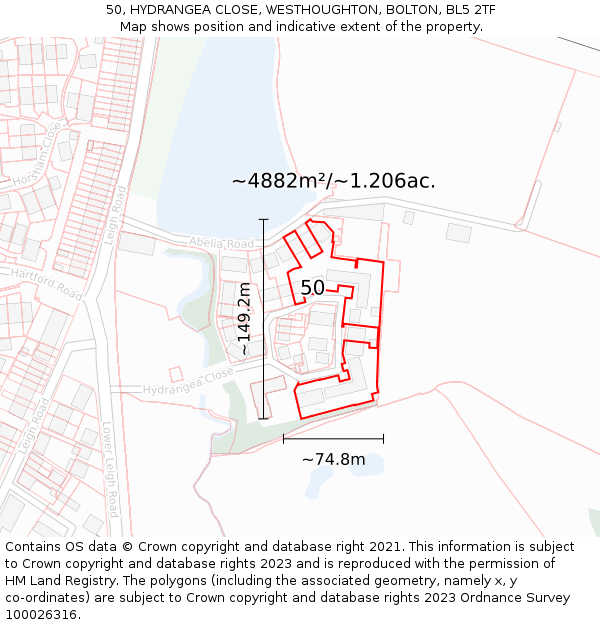 50, HYDRANGEA CLOSE, WESTHOUGHTON, BOLTON, BL5 2TF: Plot and title map
