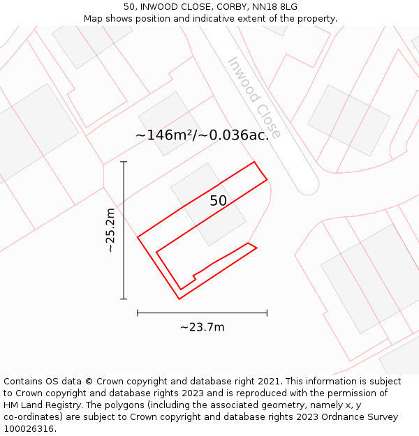 50, INWOOD CLOSE, CORBY, NN18 8LG: Plot and title map