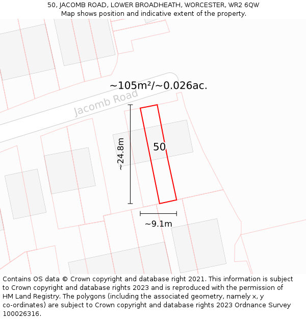50, JACOMB ROAD, LOWER BROADHEATH, WORCESTER, WR2 6QW: Plot and title map