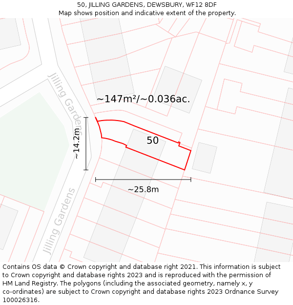 50, JILLING GARDENS, DEWSBURY, WF12 8DF: Plot and title map