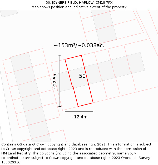 50, JOYNERS FIELD, HARLOW, CM18 7PX: Plot and title map
