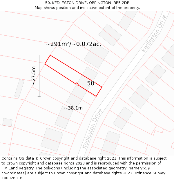50, KEDLESTON DRIVE, ORPINGTON, BR5 2DR: Plot and title map