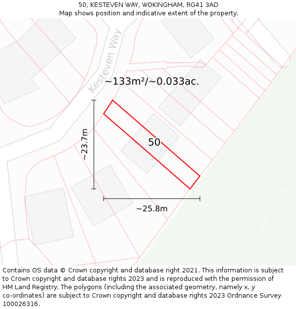 50, KESTEVEN WAY, WOKINGHAM, RG41 3AD: Plot and title map