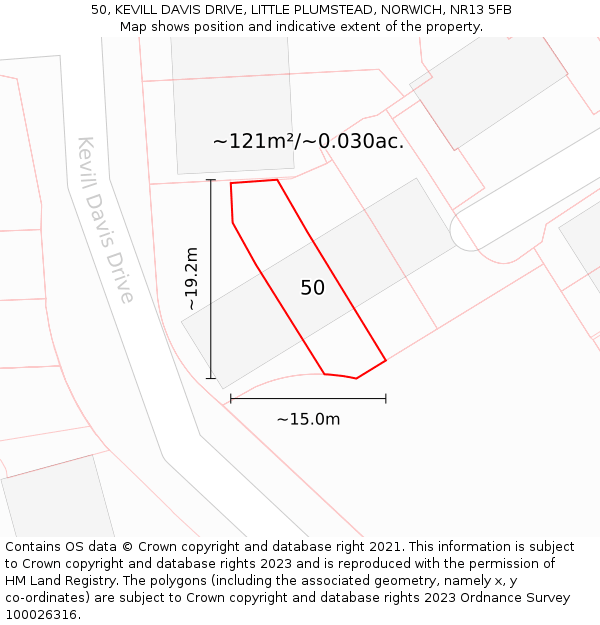 50, KEVILL DAVIS DRIVE, LITTLE PLUMSTEAD, NORWICH, NR13 5FB: Plot and title map