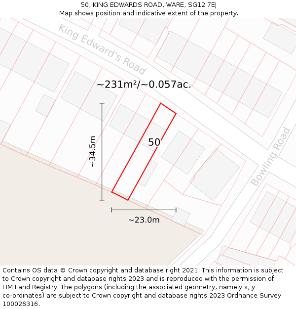 50, KING EDWARDS ROAD, WARE, SG12 7EJ: Plot and title map