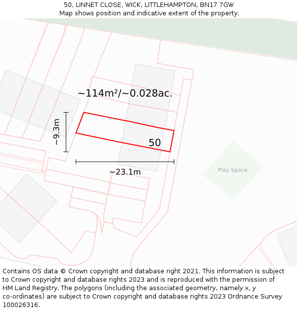 50, LINNET CLOSE, WICK, LITTLEHAMPTON, BN17 7GW: Plot and title map