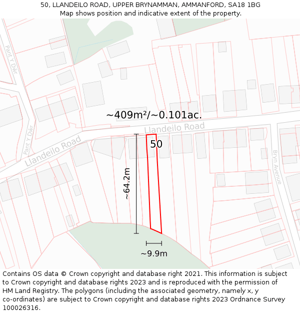 50, LLANDEILO ROAD, UPPER BRYNAMMAN, AMMANFORD, SA18 1BG: Plot and title map