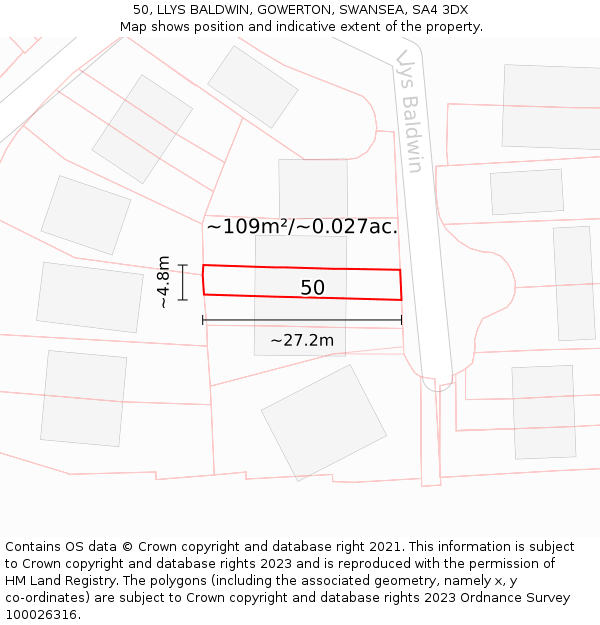 50, LLYS BALDWIN, GOWERTON, SWANSEA, SA4 3DX: Plot and title map