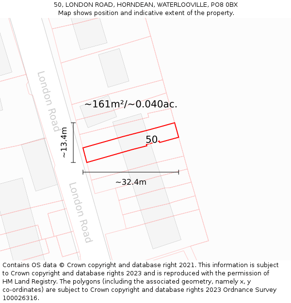 50, LONDON ROAD, HORNDEAN, WATERLOOVILLE, PO8 0BX: Plot and title map
