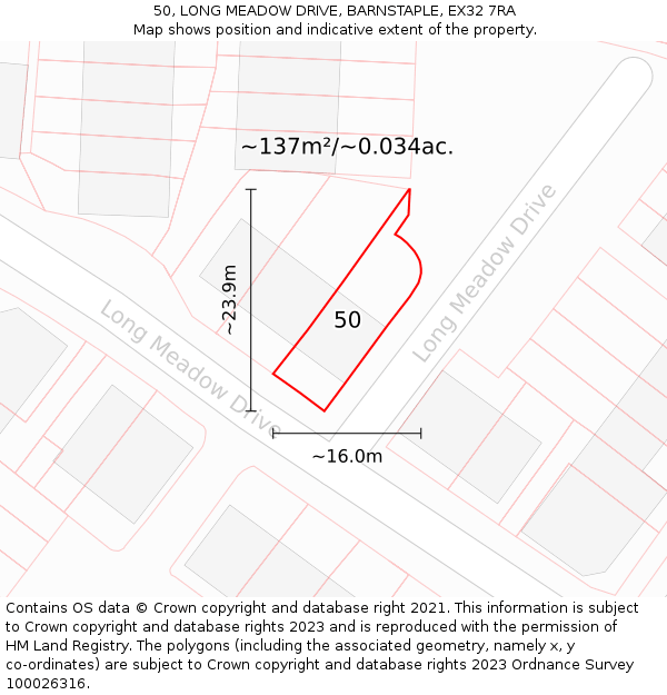 50, LONG MEADOW DRIVE, BARNSTAPLE, EX32 7RA: Plot and title map