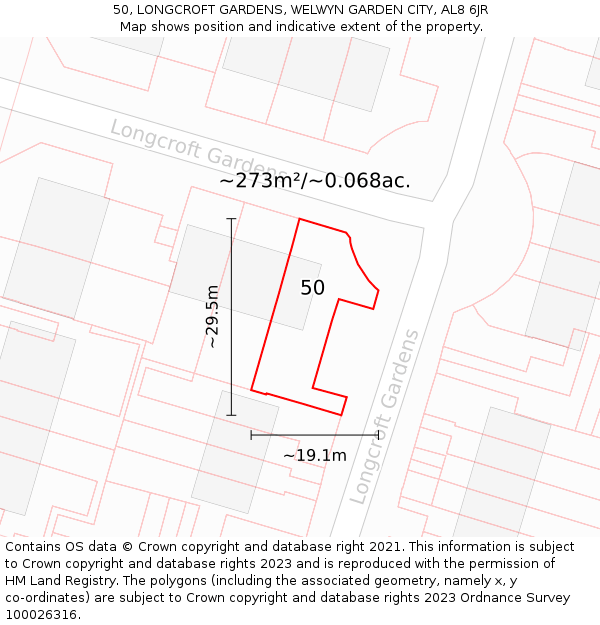 50, LONGCROFT GARDENS, WELWYN GARDEN CITY, AL8 6JR: Plot and title map