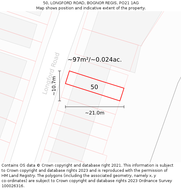 50, LONGFORD ROAD, BOGNOR REGIS, PO21 1AG: Plot and title map