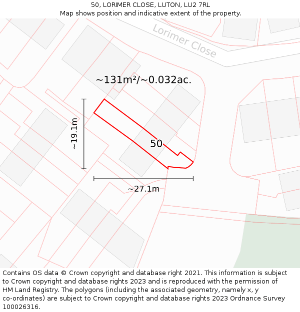 50, LORIMER CLOSE, LUTON, LU2 7RL: Plot and title map