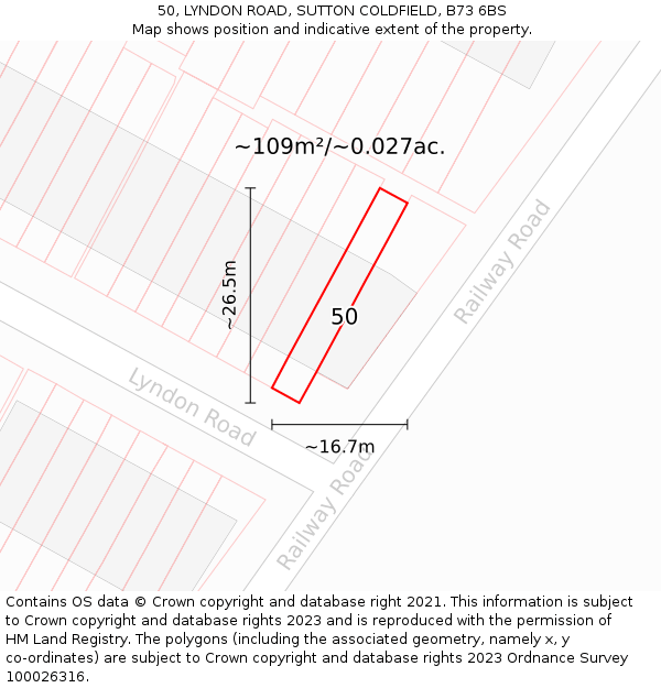 50, LYNDON ROAD, SUTTON COLDFIELD, B73 6BS: Plot and title map