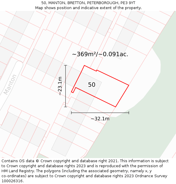 50, MANTON, BRETTON, PETERBOROUGH, PE3 9YT: Plot and title map