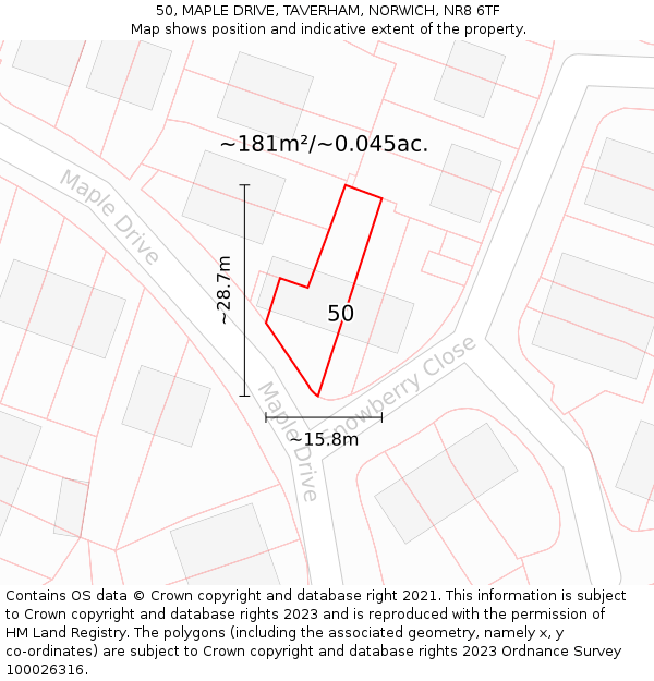 50, MAPLE DRIVE, TAVERHAM, NORWICH, NR8 6TF: Plot and title map