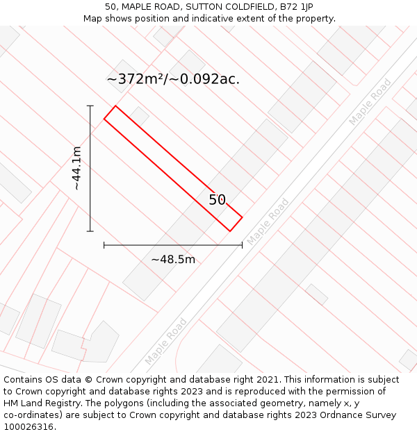 50, MAPLE ROAD, SUTTON COLDFIELD, B72 1JP: Plot and title map