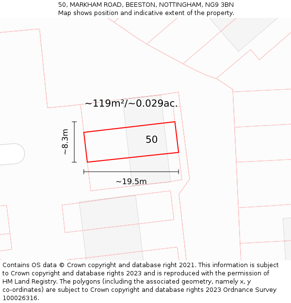 50, MARKHAM ROAD, BEESTON, NOTTINGHAM, NG9 3BN: Plot and title map