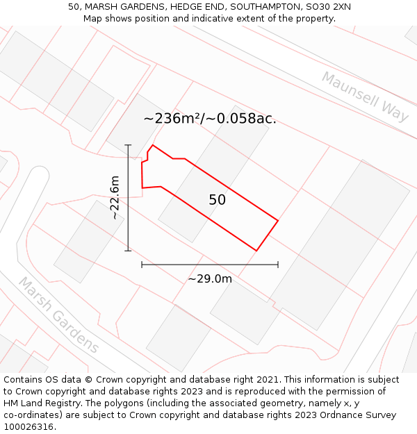 50, MARSH GARDENS, HEDGE END, SOUTHAMPTON, SO30 2XN: Plot and title map