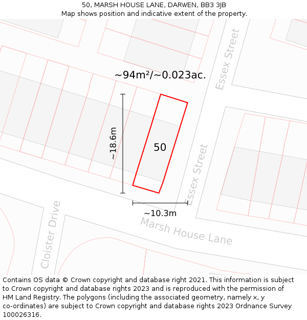 50, MARSH HOUSE LANE, DARWEN, BB3 3JB: Plot and title map