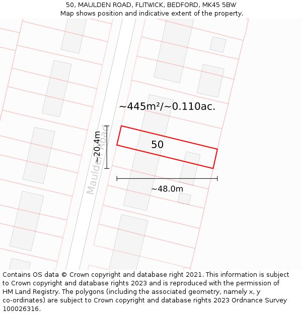 50, MAULDEN ROAD, FLITWICK, BEDFORD, MK45 5BW: Plot and title map