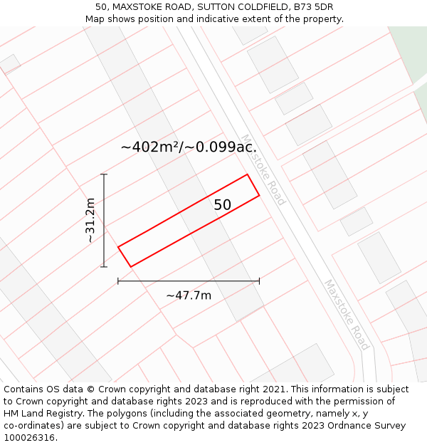 50, MAXSTOKE ROAD, SUTTON COLDFIELD, B73 5DR: Plot and title map