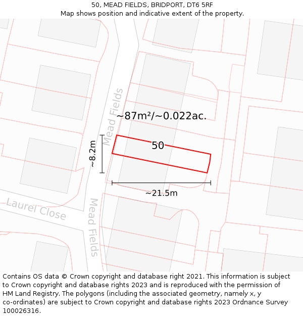 50, MEAD FIELDS, BRIDPORT, DT6 5RF: Plot and title map