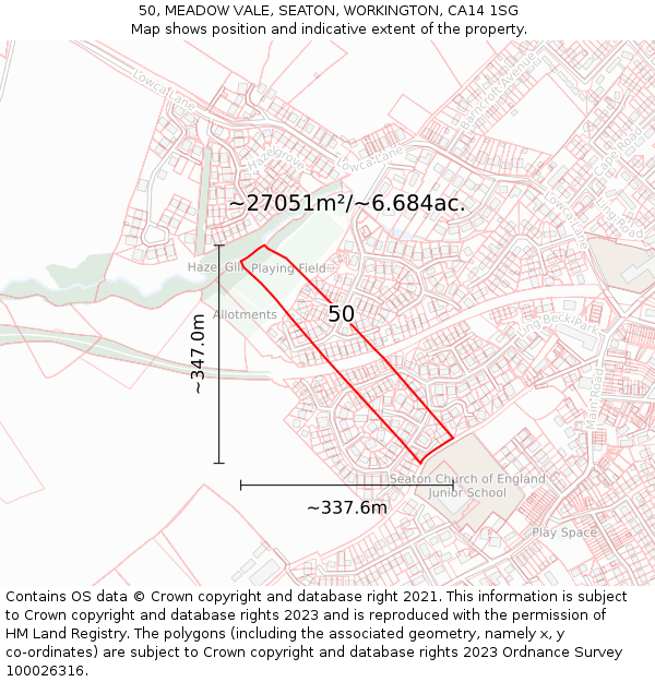 50, MEADOW VALE, SEATON, WORKINGTON, CA14 1SG: Plot and title map