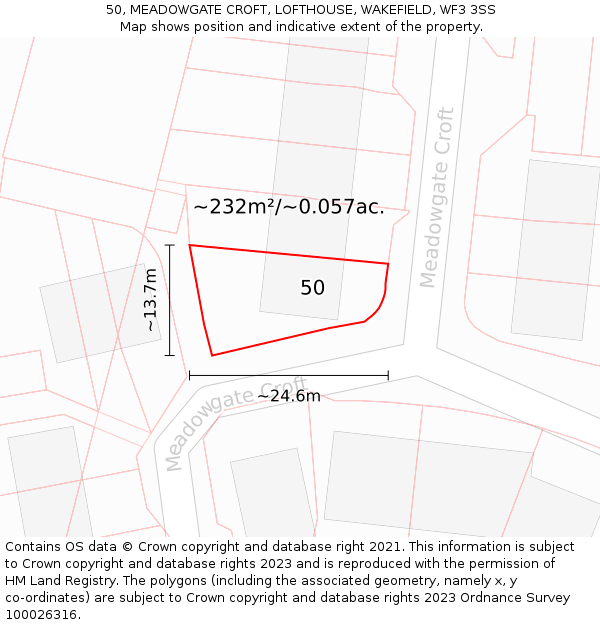 50, MEADOWGATE CROFT, LOFTHOUSE, WAKEFIELD, WF3 3SS: Plot and title map