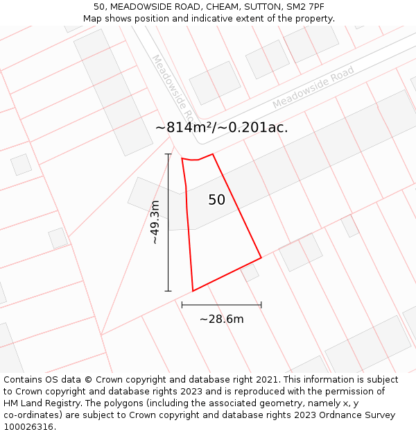50, MEADOWSIDE ROAD, CHEAM, SUTTON, SM2 7PF: Plot and title map