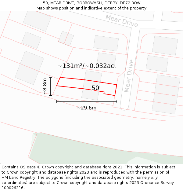 50, MEAR DRIVE, BORROWASH, DERBY, DE72 3QW: Plot and title map