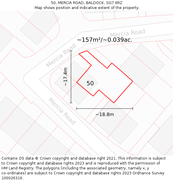 50, MERCIA ROAD, BALDOCK, SG7 6RZ: Plot and title map