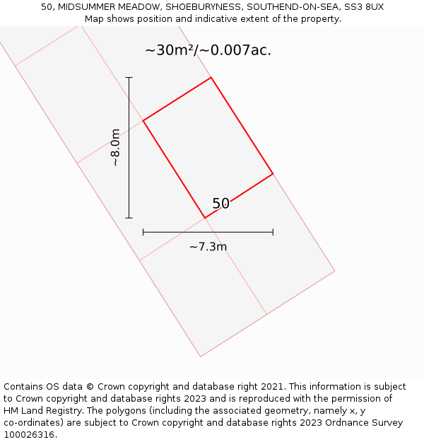 50, MIDSUMMER MEADOW, SHOEBURYNESS, SOUTHEND-ON-SEA, SS3 8UX: Plot and title map