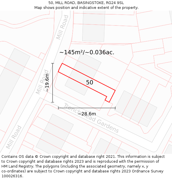 50, MILL ROAD, BASINGSTOKE, RG24 9SL: Plot and title map