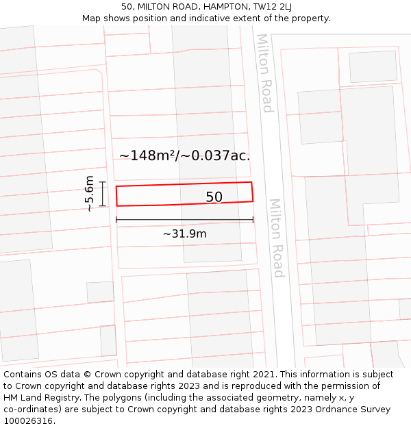 50, MILTON ROAD, HAMPTON, TW12 2LJ: Plot and title map