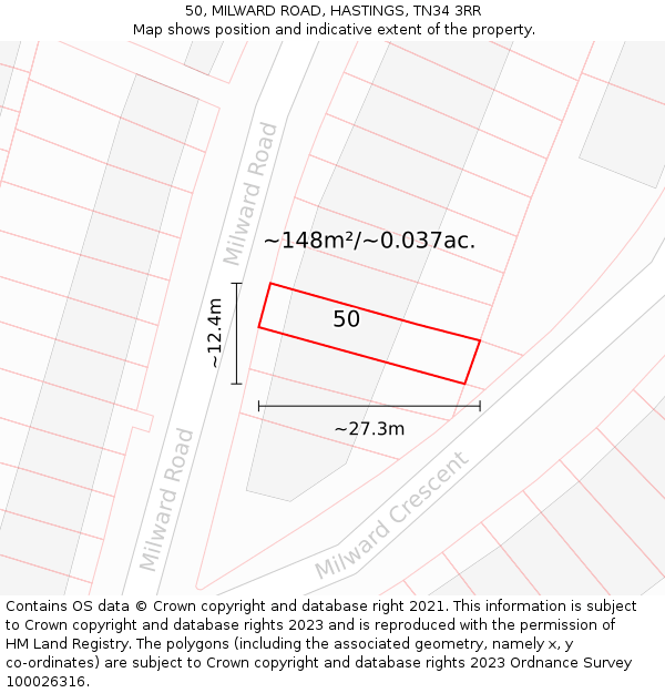 50, MILWARD ROAD, HASTINGS, TN34 3RR: Plot and title map