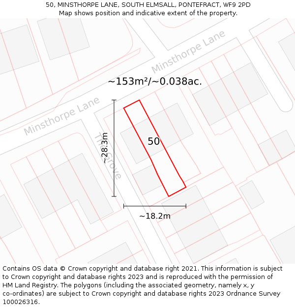 50, MINSTHORPE LANE, SOUTH ELMSALL, PONTEFRACT, WF9 2PD: Plot and title map