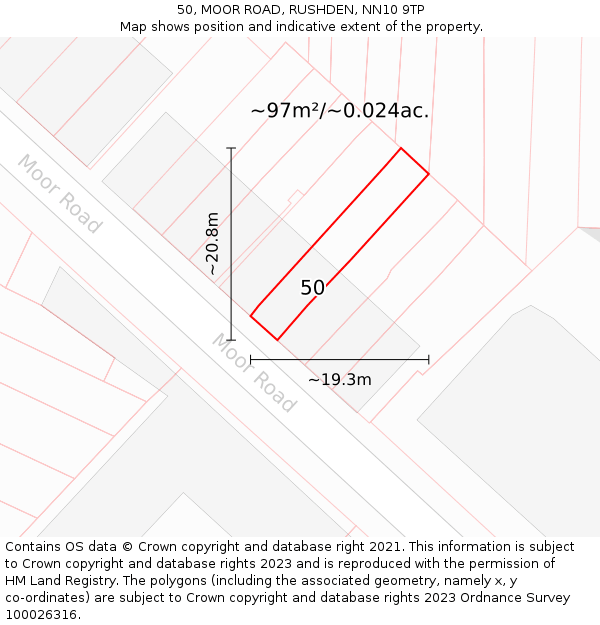 50, MOOR ROAD, RUSHDEN, NN10 9TP: Plot and title map