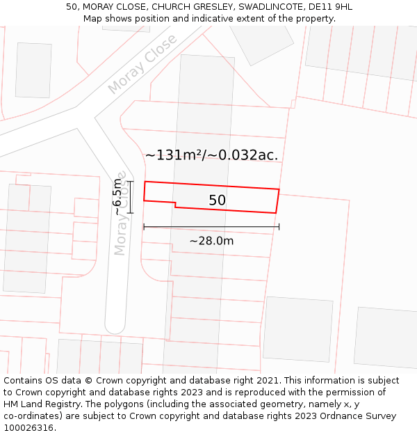 50, MORAY CLOSE, CHURCH GRESLEY, SWADLINCOTE, DE11 9HL: Plot and title map