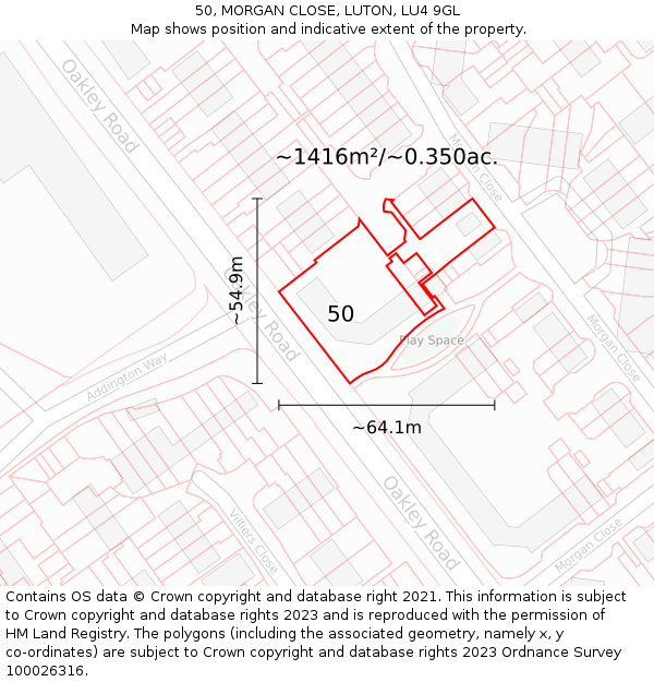 50, MORGAN CLOSE, LUTON, LU4 9GL: Plot and title map